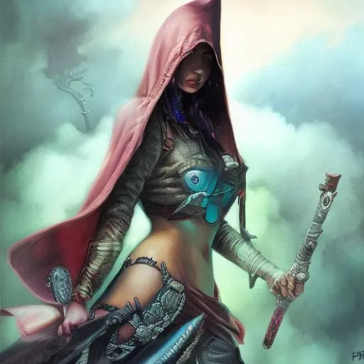 Kassandra white hooded assassin, Highly Detailed, Vibrant Colors, Ink Art, Fantasy, Dark by Peter Mohrbacher