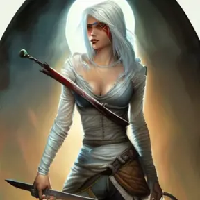 Ciri white hooded assassin from the witcher, Highly Detailed, Vibrant Colors, Ink Art, Fantasy, Dark by Peter Mohrbacher