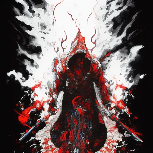White Assassin emerging from a firey fog of battle, ink splash, Highly Detailed, Vibrant Colors, Ink Art, Fantasy, Dark by James Jean