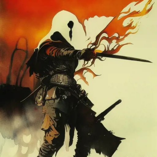 White Assassin emerging from a firey fog of battle, ink splash, Highly Detailed, Vibrant Colors, Ink Art, Fantasy, Dark by Jeffrey Catherine Jones