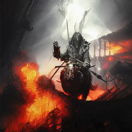 White Assassin emerging from a firey fog of battle, ink splash, Highly Detailed, Vibrant Colors, Ink Art, Fantasy, Dark by Peter Andrew Jones
