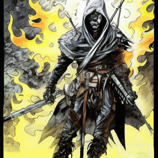 White Assassin emerging from a firey fog of battle, ink splash, Highly Detailed, Vibrant Colors, Ink Art, Fantasy, Dark by M.W. Kaluta