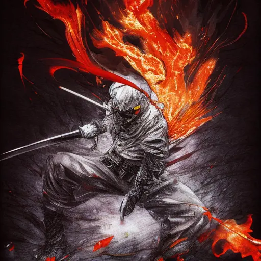 White Assassin emerging from a firey fog of battle, ink splash, Highly Detailed, Vibrant Colors, Ink Art, Fantasy, Dark by Hideyuki Kikuchi