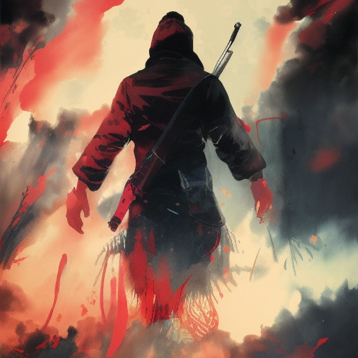White Assassin emerging from a firey fog of battle, ink splash, Highly Detailed, Vibrant Colors, Ink Art, Fantasy, Dark by Ilya Kuvshinov