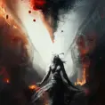 White Assassin emerging from a firey fog of battle, ink splash, Highly Detailed, Vibrant Colors, Ink Art, Fantasy, Dark by Bastien Lecouffe-Deharme