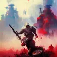 White Assassin emerging from a firey fog of battle, ink splash, Highly Detailed, Vibrant Colors, Ink Art, Fantasy, Dark by Paul Lehr
