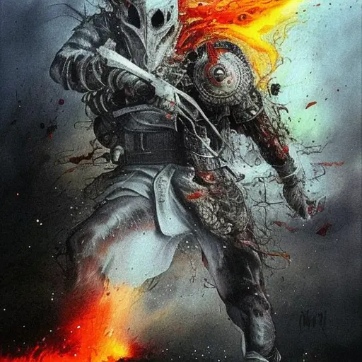 White Assassin emerging from a firey fog of battle, ink splash, Highly Detailed, Vibrant Colors, Ink Art, Fantasy, Dark by Chris Mars