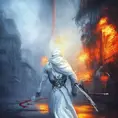 White Assassin emerging from a firey fog of battle, ink splash, Highly Detailed, Vibrant Colors, Ink Art, Fantasy, Dark by Stephan Martiniere