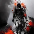 White Assassin emerging from a firey fog of battle, ink splash, Highly Detailed, Vibrant Colors, Ink Art, Fantasy, Dark by Craig Mullins