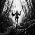 White Assassin emerging from a firey fog of battle, ink splash, Highly Detailed, Vibrant Colors, Ink Art, Fantasy, Dark by Dan Mumford