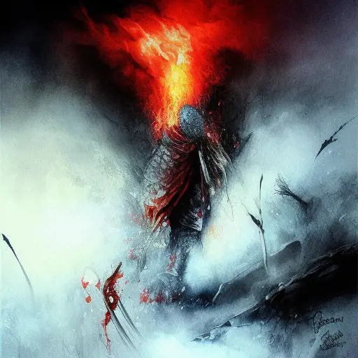 White Assassin emerging from a firey fog of battle, ink splash, Highly Detailed, Vibrant Colors, Ink Art, Fantasy, Dark by Bruce Pennington