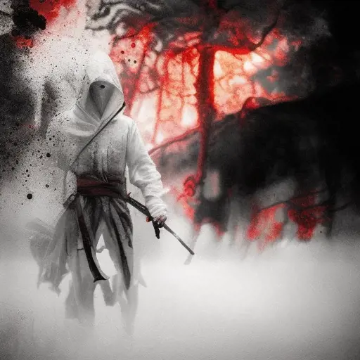 White Assassin emerging from a firey fog of battle, ink splash, Highly Detailed, Vibrant Colors, Ink Art, Fantasy, Dark by Aliza Razell