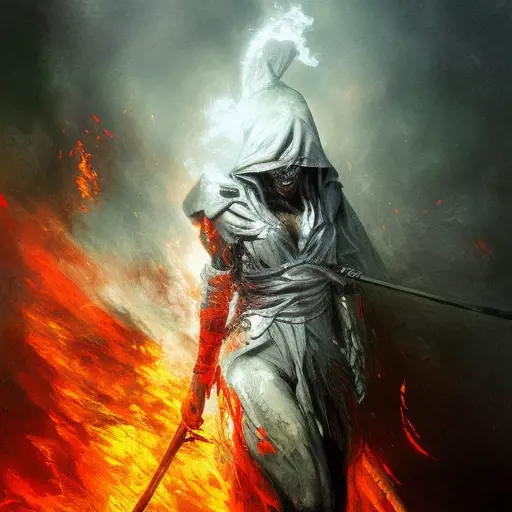 White Assassin emerging from a firey fog of battle, ink splash, Highly Detailed, Vibrant Colors, Ink Art, Fantasy, Dark by Brad Rigney