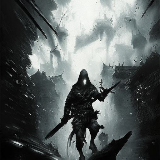 White Assassin emerging from a firey fog of battle, ink splash, Highly Detailed, Vibrant Colors, Ink Art, Fantasy, Dark by Andreas Rocha