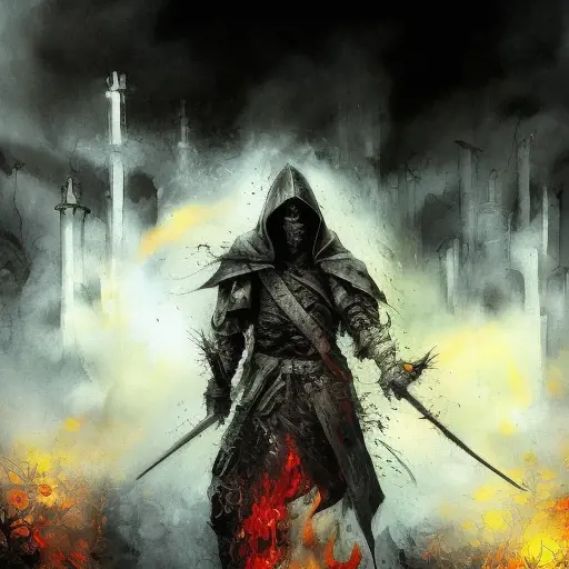 White Assassin emerging from a firey fog of battle, ink splash, Highly Detailed, Vibrant Colors, Ink Art, Fantasy, Dark by Marc Simonetti