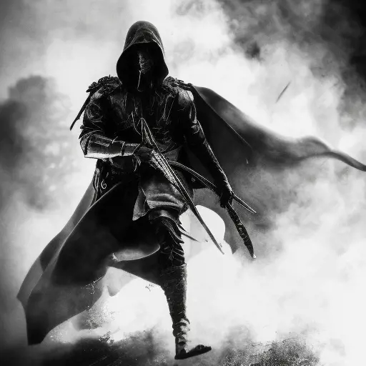 White Assassin emerging from a firey fog of battle, ink splash, Highly Detailed, Vibrant Colors, Ink Art, Fantasy, Dark by Zack Snyder