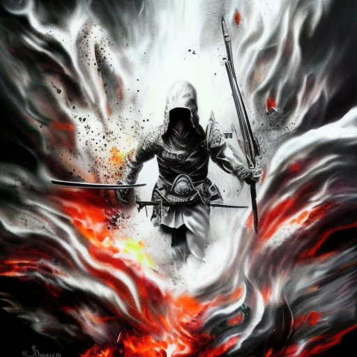 White Assassin emerging from a firey fog of battle, ink splash, Highly Detailed, Vibrant Colors, Ink Art, Fantasy, Dark by Drew Struzan