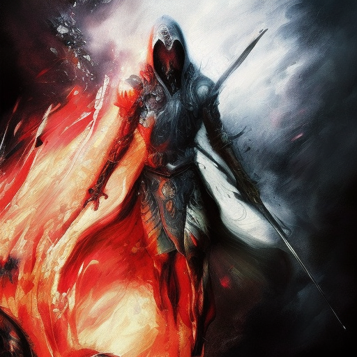 White Assassin emerging from a firey fog of battle, ink splash, Highly Detailed, Vibrant Colors, Ink Art, Fantasy, Dark by Raymond Swanland