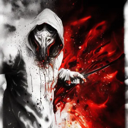White Assassin emerging from a firey fog of battle, ink splash, Highly Detailed, Vibrant Colors, Ink Art, Fantasy, Dark by Raymond Swanland