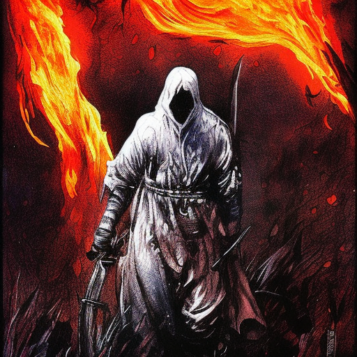 White Assassin emerging from a firey fog of battle, ink splash, Highly Detailed, Vibrant Colors, Ink Art, Fantasy, Dark by Charles Vess