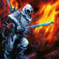 White Assassin emerging from a firey fog of battle, ink splash, Highly Detailed, Vibrant Colors, Ink Art, Fantasy, Dark by Ron Walotsky