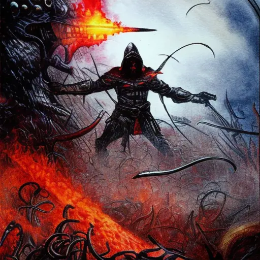 White Assassin emerging from a firey fog of battle, ink splash, Highly Detailed, Vibrant Colors, Ink Art, Fantasy, Dark by Ron Walotsky
