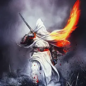 White Assassin emerging from a firey fog of battle, ink splash, Highly Detailed, Vibrant Colors, Ink Art, Fantasy, Dark by Michael Whelan
