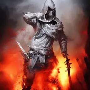 White Assassin emerging from a firey fog of battle, ink splash, Highly Detailed, Vibrant Colors, Ink Art, Fantasy, Dark by Bayard Wu