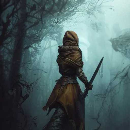 White hooded female assassin emerging from the fog of war, Highly Detailed, Vibrant Colors, Ink Art, Fantasy, Dark by Michael  Kutsche 