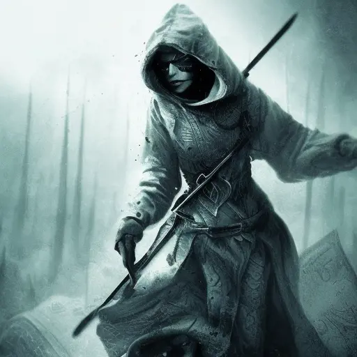 White hooded female assassin emerging from the fog of war, Highly Detailed, Vibrant Colors, Ink Art, Fantasy, Dark by Michael  Kutsche 