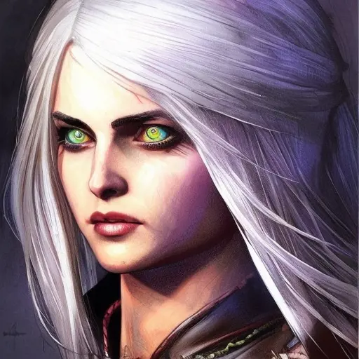 Ciri from The Witcher in Assassin's Creed style, Highly Detailed, Vibrant Colors, Ink Art, Fantasy, Dark by Dave Dorman