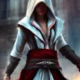 White hooded female assassin from Assassin's Creed, Highly Detailed, Octane Render, Volumetric Lighting, Vibrant Colors, Ink Art, Fantasy, Dark by Stanley Artgerm Lau