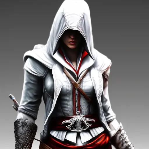 White hooded female assassin from Assassin's Creed, Highly Detailed, Unreal Engine, Volumetric Lighting, Vibrant Colors, Ink Art, Fantasy, Dark by Stanley Artgerm Lau