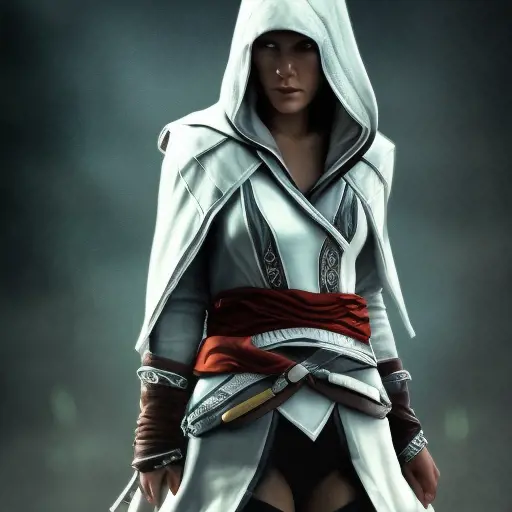 White hooded female assassin from Assassin's Creed, Highly Detailed, Unreal Engine, Volumetric Lighting, Vibrant Colors, Ink Art, Fantasy, Dark by Stanley Artgerm Lau
