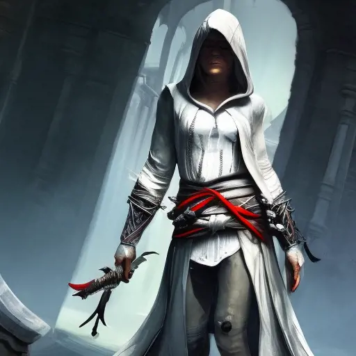 White hooded female assassin from Assassin's Creed, Highly Detailed, Unreal Engine, Volumetric Lighting, Vibrant Colors, Ink Art, Fantasy, Dark by Peter Mohrbacher