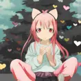 anime, 1girl,  otaku, children's room, sad eyes, blonde, two ponytails on her hair, cat ears on her head, sitting, sweatshirt, Masterpiece, Kawaii, Anime