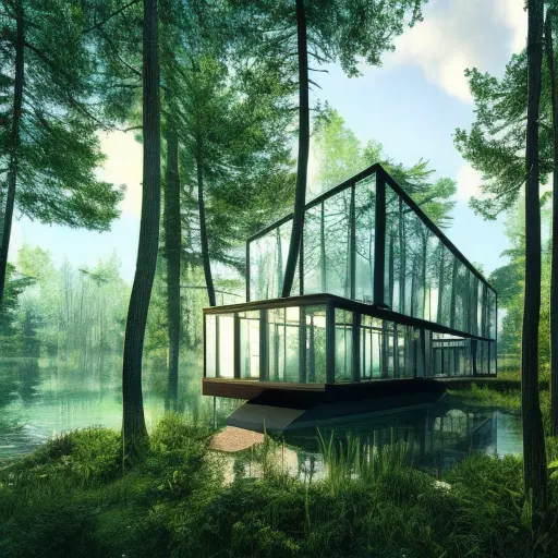 Beautiful futuristic architectural glass house in the forest on a large lake, 8k, Award-Winning, Highly Detailed, Beautiful, Epic, Octane Render, Unreal Engine, Radiant, Volumetric Lighting by Andreas Achenbach