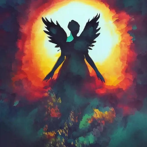 Silhouette of an Angel emerging from the fog of war, ink splash, Highly Detailed, Vibrant Colors, Ink Art, Fantasy, Dark by WLOP