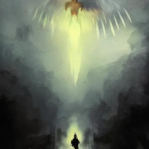 Silhouette of an Angel emerging from the fog of war, ink splash, Highly Detailed, Vibrant Colors, Ink Art, Fantasy, Dark by Greg Rutkowski