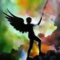 Silhouette of an Angel emerging from the fog of war, ink splash, Highly Detailed, Vibrant Colors, Ink Art, Fantasy, Dark by Stefan Kostic