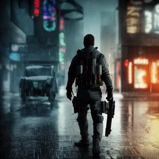 The Character "Ghost" aka Simon Riley from the Video Game Call of Duty Modern Warfare, looking direkt in the Camaera, 4k resolution, Rainy Day, Blade Runner 2049