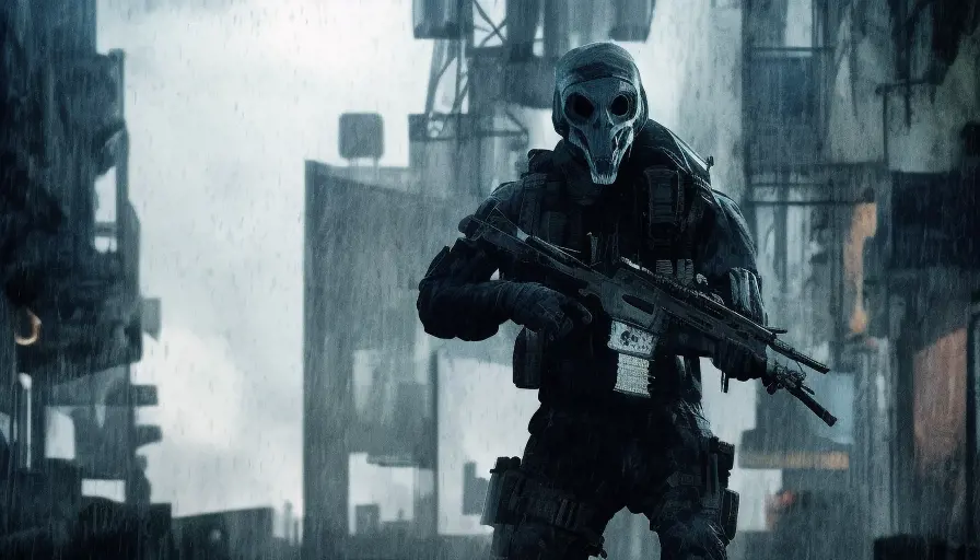 The Character "Ghost" from the Video Game Call of Duty Modern Warfare with his skeleton mask, looking direkt in the Camaera, 4k resolution, Rainy Day, Blade Runner 2049