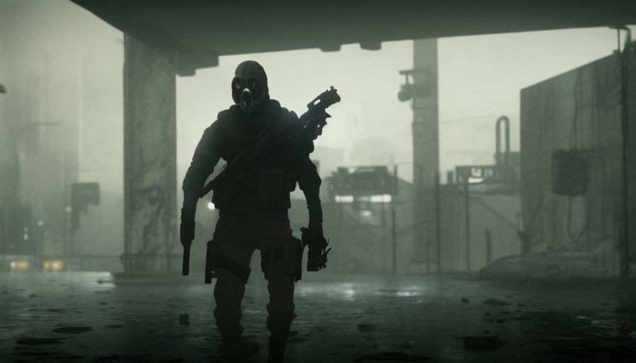 The Character "Ghost" from the Video Game Call of Duty Modern Warfare with his skeleton mask, looking direkt in the Camaera, one hand is on his holster, 4k resolution, Rainy Day, Blade Runner 2049