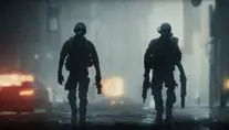The Character "Ghost" from the Video Game Call of Duty Modern Warfare with his skeleton mask, looking direkt in the Camaera, one hand is on his holster, 4k resolution, Rainy Day, Blade Runner 2049