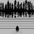 A Silhouette of a lakefront with a cabin and lots of forests.  It should be in greyscale and there is a canoe on the water, Doodle, Minimalism, Sketch