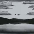 A Silhouette of a lakefront with a cabin and lots of forests.  It should be in greyscale and there is a canoe on the water.  The bottom of the image should have a shoreline., Doodle, Minimalism, Sketch