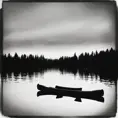 A Silhouette of a lakefront with a cabin and lots of forests.  It should be in greyscale and there is a canoe on the water.  The bottom of the image should have a shoreline with some rocks and seagrass., Doodle, Minimalism, Sketch