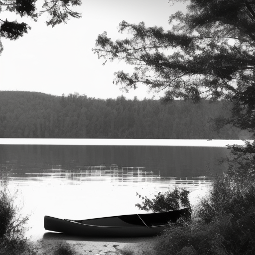 A Silhouette of a lakefront with a cabin and lots of forests.  It should be in greyscale and there is a canoe on the water.  The bottom of the image should have a shoreline with some boulders and rocks and some weeds., Doodle, Minimalism, Sketch