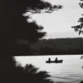 A Silhouette of a lakefront with a cabin and lots of forests.  It should be in greyscale and there is a canoe on the water.  The bottom of the image should have a shoreline with some boulders and rocks and some weeds., Doodle, Minimalism, Sketch