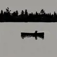 A Silhouette of a lakefront with a cabin and lots of forests.  It should be in greyscale and there is a canoe on the water.  The bottom of the image should have a shoreline with some boulders and rocks and some weeds.  There is a duck on the water.  The canoe is on shore with no people around., Doodle, Minimalism, Sketch